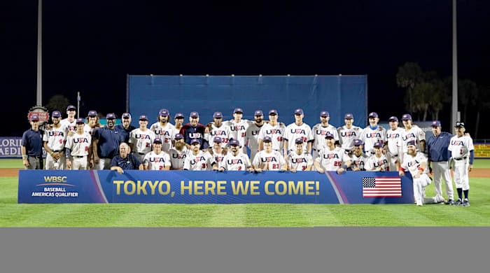 Jun 5, 2021; Port St. Lucie, Florida, USA; USA players pose for a picture after defeating Venezuela in the Super Round of the WBSC Baseball Americas Qualifier series game at Clover Park, and qualifying for the Olympic Games in Tokyo Japan.